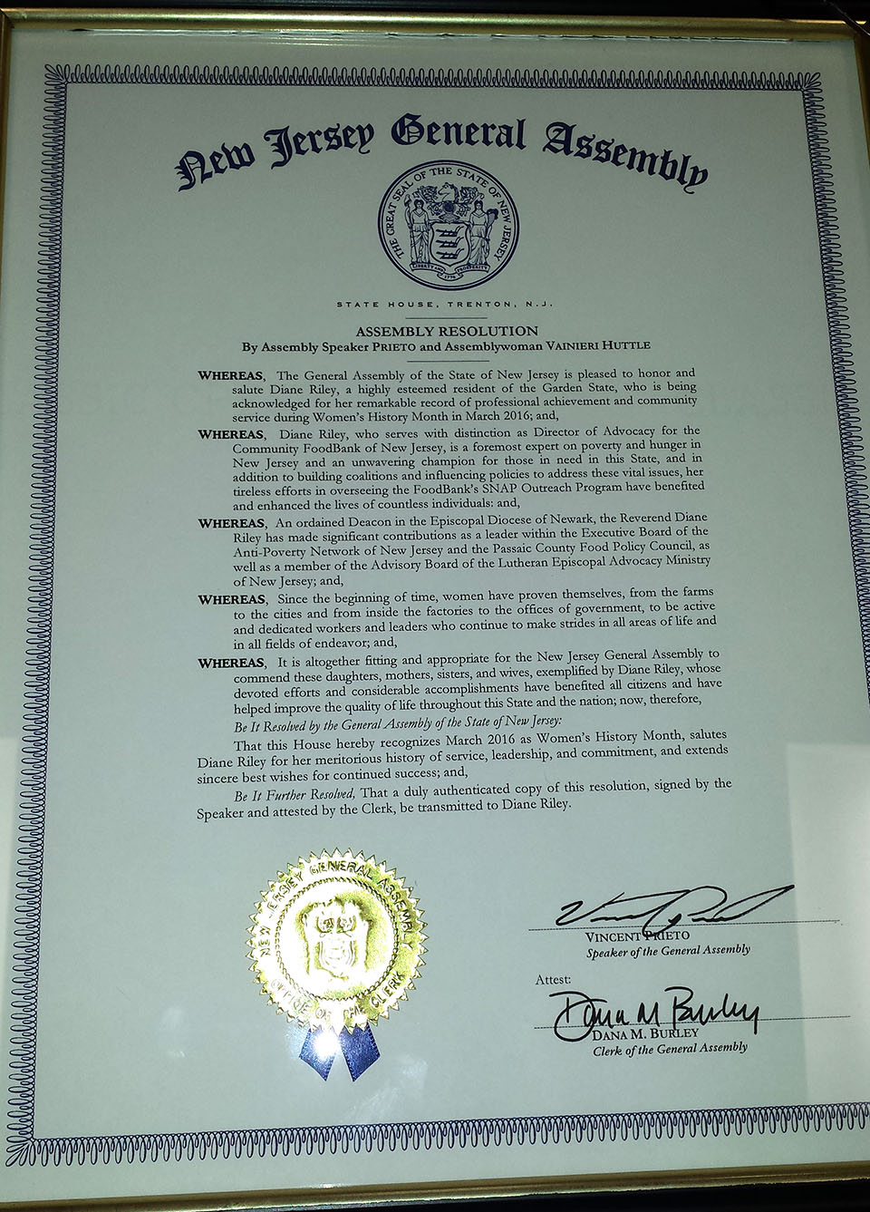 NJ Assembly resolution honoring Diane Riley.