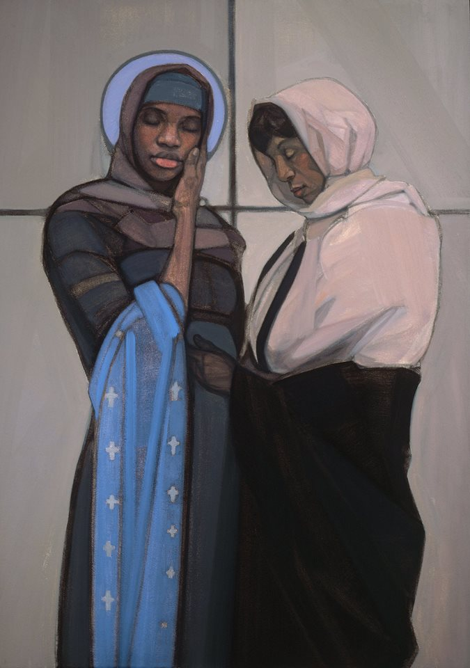 The Visitation-Two women of color; Mary with a blue nimbus.