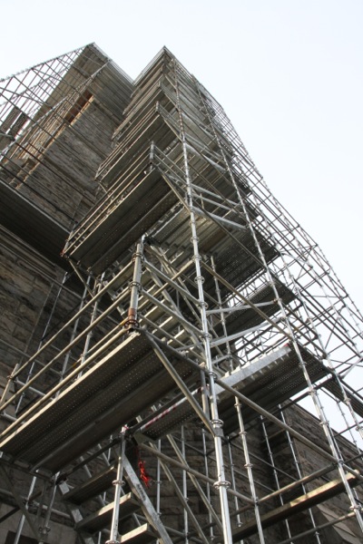 Scaffolding encases the St. Peter's, Morristown bell tower.