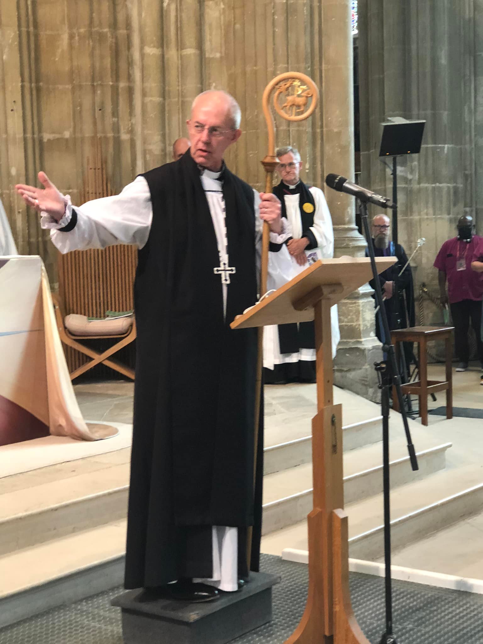 The Archbishop of Canterbury at the end of choral evensong at our retreat. The crozier was a gift from Pope Francis and is a replica of the crozier carried by St. Augustine of Canterbury in 597.