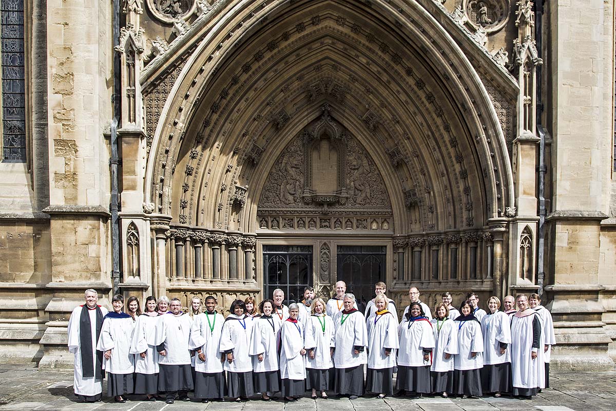 The Christ Church choir outside the front entrance of Bristol Cathedral.