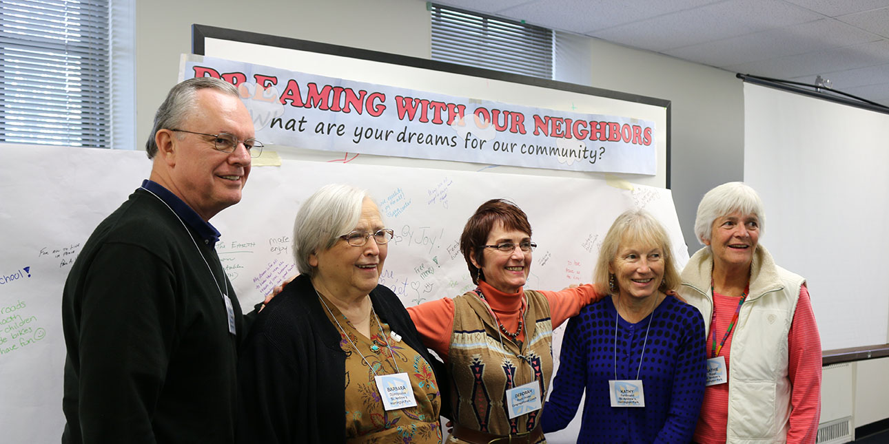 Author Barbara Djimopoulos and other members of the Harrington Park "Going Local" guiding team stand in front of their Dream Board at the October 1 meeting. L-r: Paul Shackford, Barbara Djimopoulos, Coach Deborah Drake, Kathy Ferdinand and Cathie Ruppi. NINA NICHOLSON PHOTO
