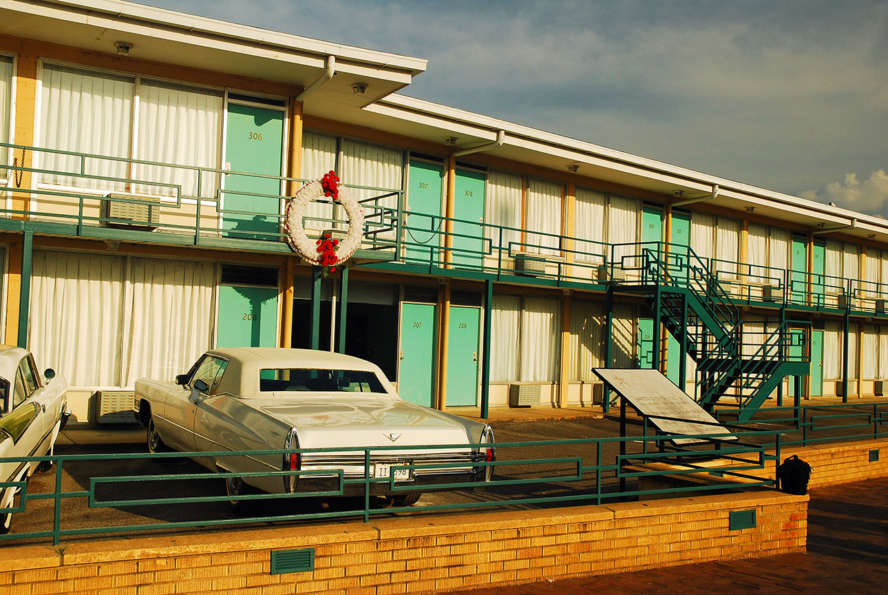 The Lorraine Motel in Memphis, TN, now part of the National Civil Rights Museum complex. A wreath marks the spot where King died.