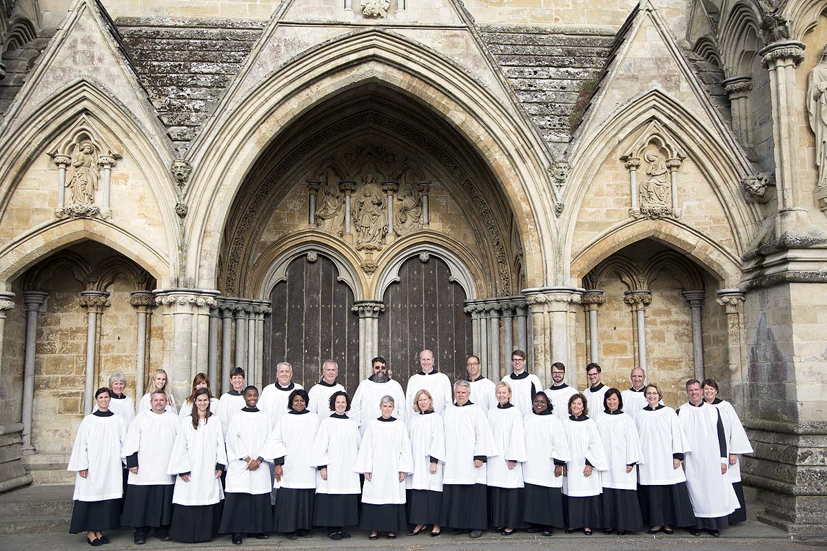 The Christ Church choir at the front entrance of Salisbury Cathedral.