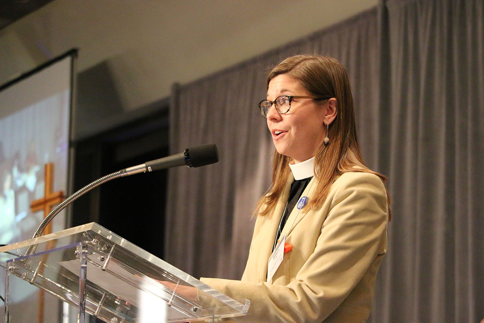 The Rev. Allison Liles, Executive Director of Episcopal Peace Fellowship, speaking at Convention. NINA NICHOLSON PHOTO
