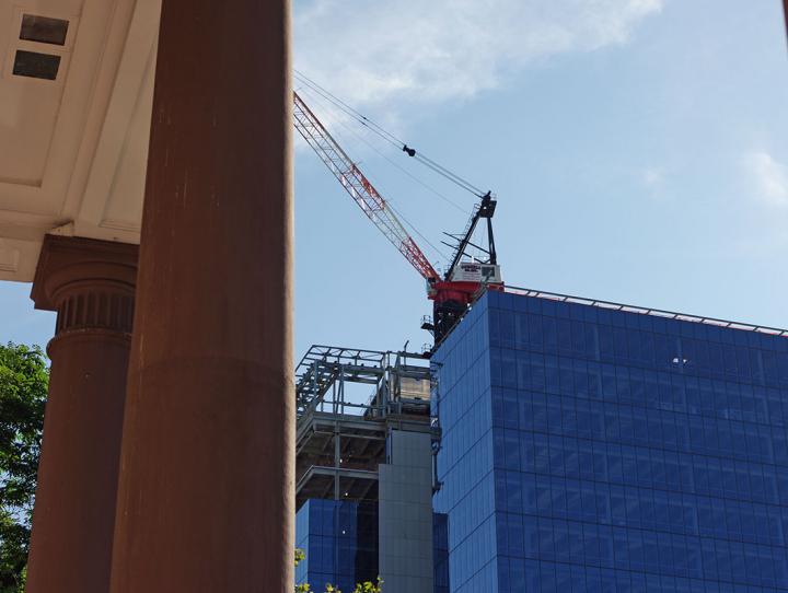 New Prudential office buildings, seen between columns of Cathedral's portico