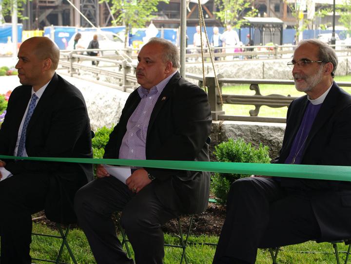 Senator Cory Booker, interim Newark Mayor Luis Quintana and Bishop Mark Beckwith