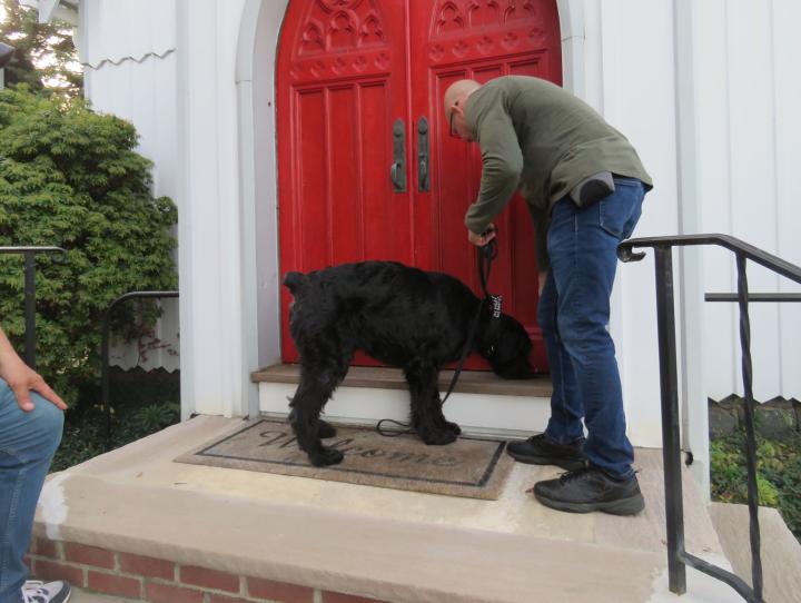 The training search begins with the trainee smelling outside the church door. SHARON SHERIDAN HAUSMAN PHOTO