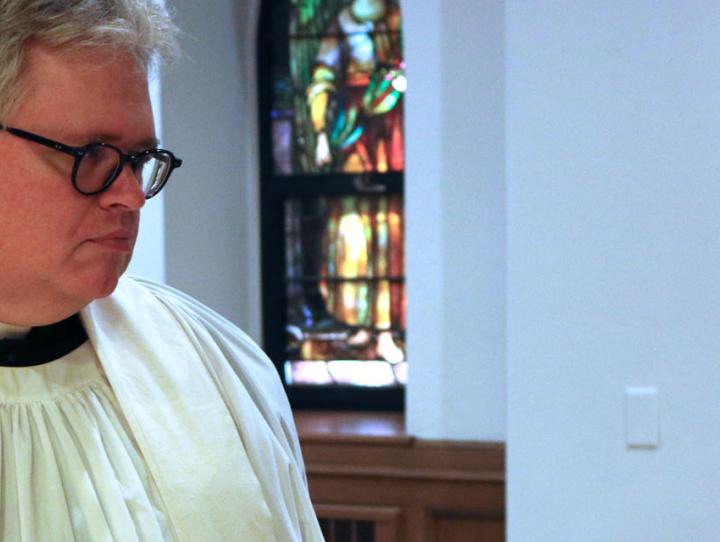 Canon Wright and Canon Clark chat after a recent ordination service. NINA NICHOLSON PHOTO