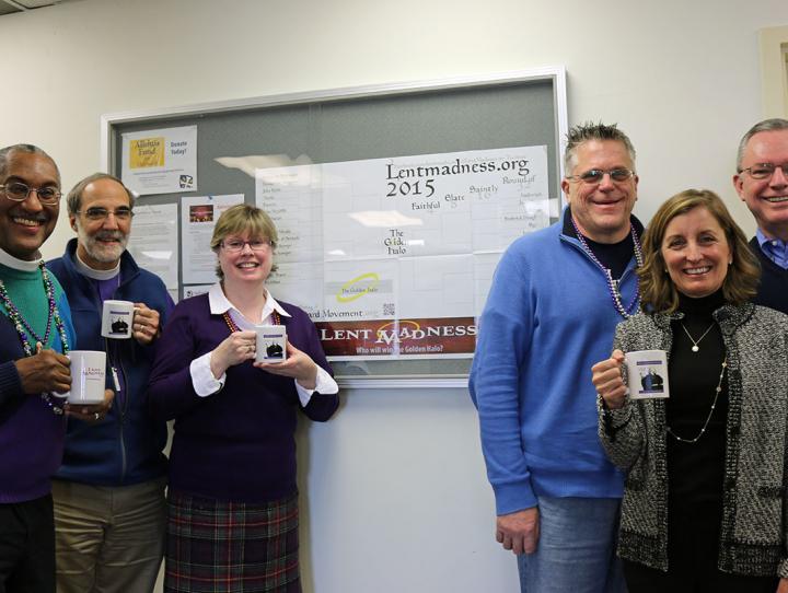 The Bishop and members of diocesan staff preparing for Lent Madness