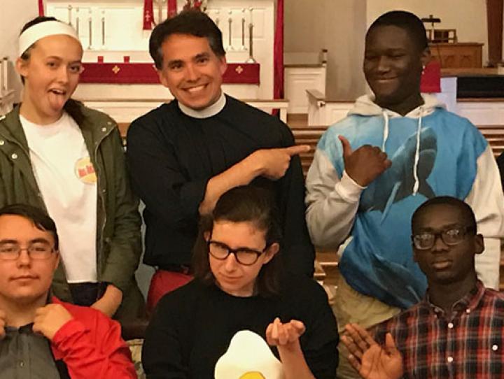 The Rev. Jerry Racioppi (back row, center) and Rosie Grant (back row, right) with the six diocesan youth they are chaperoning to EYE17 in Oklahoma this July. CHARLES WHITE PHOTO