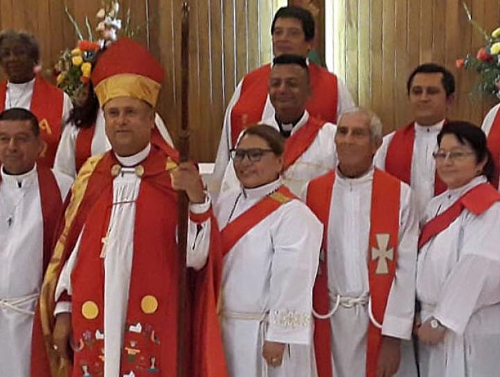 The Rev. Dr. Miguel A. Hernandez (back row, third from right) at the ordination of four Deacons from the first graduating class of El Seminario Episcopal Anglicano de El Salvador, where he serves on the faculty and as an academic adviser.