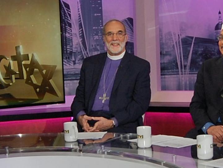 Retired Bishop Mark Beckwith and his interfaith colleagues Imam W. Deen Shareef and Rabbi Matthew Gewirtz. PHOTO COURTESY NJTV