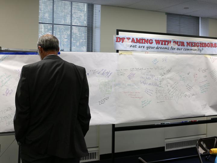 Bishop Beckwith reads the community "Dream Board" inspired by Paul's dream in Acts 16:6-15. NINA NICHOLSON PHOTO
