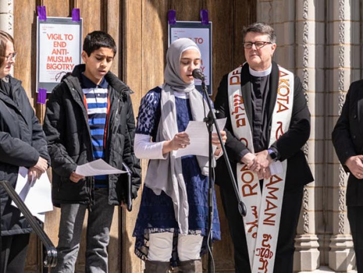 (L-r) Rabbi Ellie Miller, President of the Morristown Clergy Council; Taha Hagag; Fatima Catovic; the Rev. Cynthia L. Black of Redeemer, Morristown; and Imam Saffet Cadovic, Muslim chaplain at Drew University. BECKY WALKER PHOTO