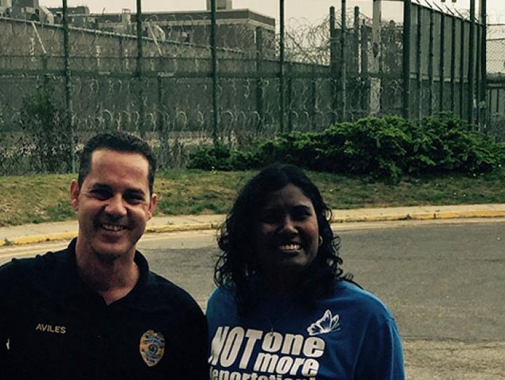 Standing outside Hudson County Correctional Center, one of four facilities where asylum seekers are detained, are (l-r) Rosa Santana, First Friends Visitor Program Coordinator; Oscar Aviles, former Director of Hudson County Correctional Center; and Sally Pillay, First Friends Program Director. LORNA HENKEL PHOTO