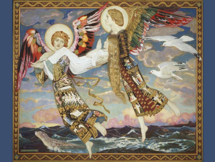 St. Bride by John Duncan (1866-1945). This painting shows angels carrying Brigid (aka Bride) to Bethlehem to assist Mary at the birth of Jesus, as asserted in Scottish folklore.