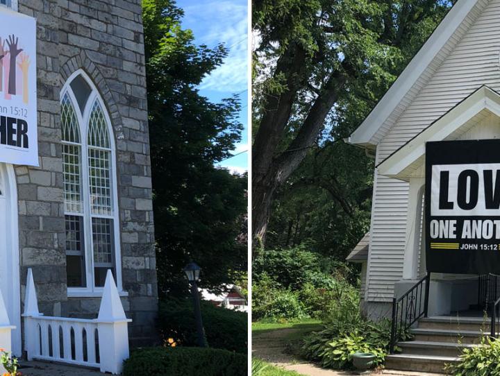 St. Luke and St. Mary's church buildings in Hope (left) and Belvidere (right).