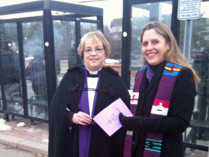 The Rev. Adele Hatfield and the Rev. Debra Duke giving "Ashes to Go"