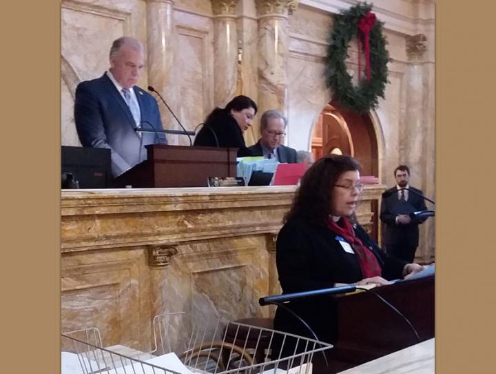 The Rev. Vicki Geer McGrath giving the invocation at the opening of the New Jersey State Senate, December 17, 2018.