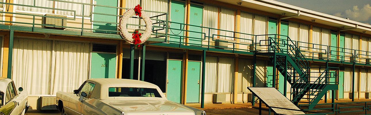 The Lorraine Motel in Memphis, TN, now part of the National Civil Rights Museum complex. A wreath marks the spot where King died.