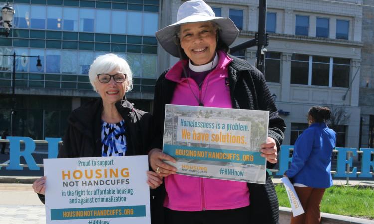 The Ven. Diane Riley and Bishop Carlye Hughes at the "Housing Not Handcuffs" rally on April 22. NINA NICHOLSON PHOTO
