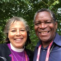 Day 1 - July 27: Bishop Hughes with her VTS 2005 classmate Bishop Given Gaula, Diocese of Kondoa.