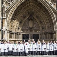 The Christ Church choir outside the front entrance of Bristol Cathedral.