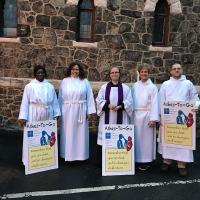 The Rev. Diana Wilcox (center) led the team from Christ Church, Bloomfield/Glen Ridge who offered Ashes to Go at the local train and bus stations. PHOTO COURTESY DIANA WILCOX