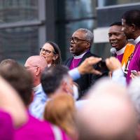 Bishops Perry, Curry, Johnson, Sutton and Douglas at the Bishops United Against Gun Violence vigil at the site of a homicide that occurred two blocks from the convention center, the night before General Convention began.