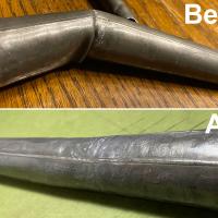Before: The bent foot of an oboe pipe that had fallen down. After: The foot with the bend removed.