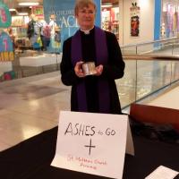 The Rev. Marge Lindstrom of St. Matthew's, Paramus offered Ashes To Go at the Garden State Plaza in Paramus.