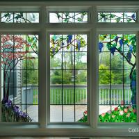 Over time, Colleen Hintz created the large wisteria windows in the middle and on the right; the window incorporating a flowering crab tree and irises in memory of her father; and transom windows, recently worked into square windows for a new installation.