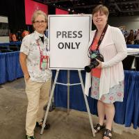 July 11: The Rev. Diana Wilcox and Nina Nicholson have been "drinking from the firehose" working to cover the Newark deputation at General Convention. KARIN HAMILTON PHOTO