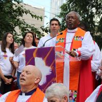July 8: Presiding Bishop Michael Curry speaks at the public witness. NINA NICHOLSON PHOTO