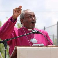 Presiding Bishop Curry speaking at the Hutto witness. NINA NICHOLSON PHOTO