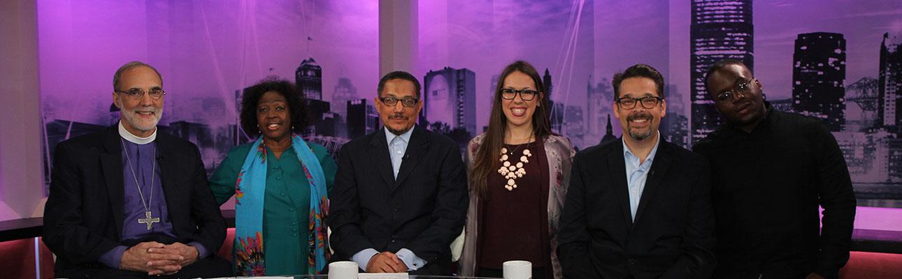 Bishop Mark Beckwith, Islah Ali, Imam W. Deen Shareef, Mariel Hufnagel, Rabbi Matthew Gerwitz and Mark Dorsey discuss addiction on the second episode of A Matter of Faith. PHOTO COURTESY NJTV