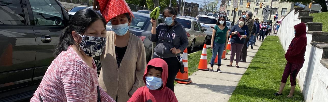 A long line of people wait for meals provided by the food ministries at Holy Trinity Church in West Orange. PHOTO COURTESY HOLY TRINITY, WEST ORANGE.