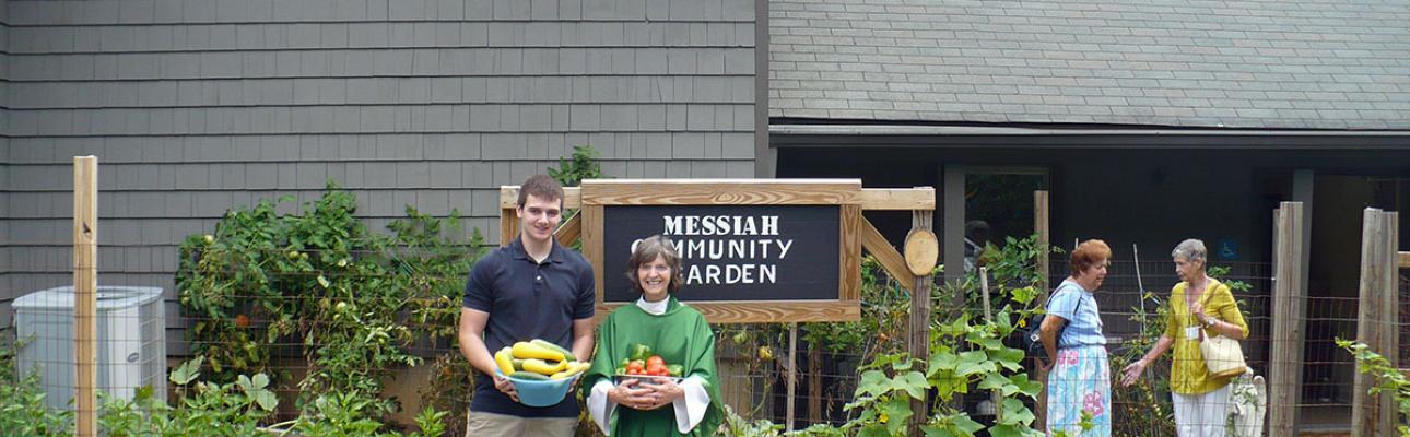 Matt Birnbaum and the Rev. Margaret Otterburn at Messiah, Chester's garden