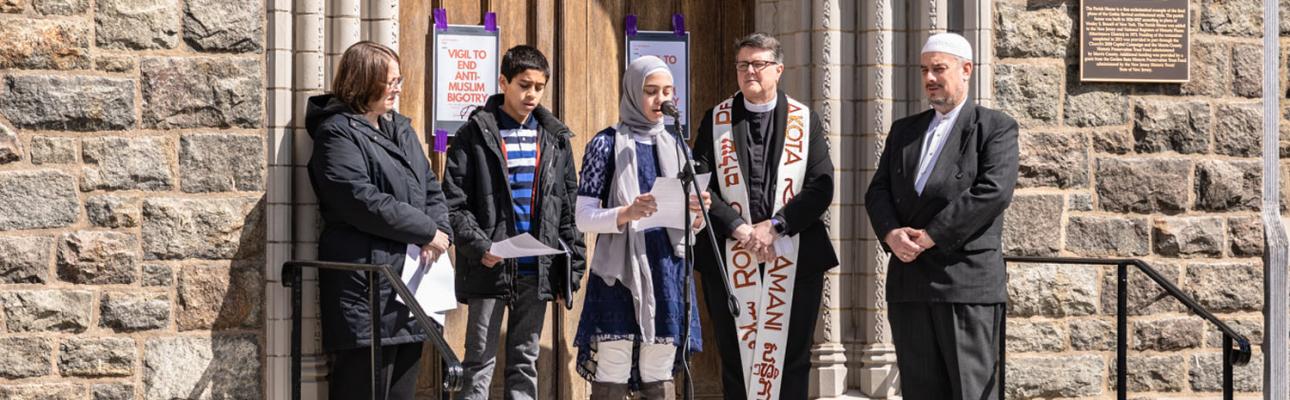(L-r) Rabbi Ellie Miller, President of the Morristown Clergy Council; Taha Hagag; Fatima Catovic; the Rev. Cynthia L. Black of Redeemer, Morristown; and Imam Saffet Cadovic, Muslim chaplain at Drew University. BECKY WALKER PHOTO