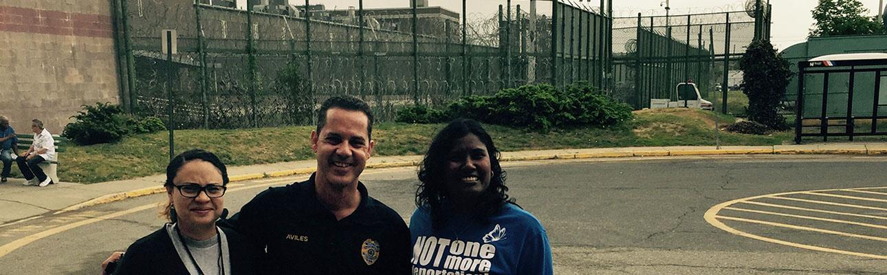 Standing outside Hudson County Correctional Center, one of four facilities where asylum seekers are detained, are (l-r) Rosa Santana, First Friends Visitor Program Coordinator; Oscar Aviles, former Director of Hudson County Correctional Center; and Sally Pillay, First Friends Program Director. LORNA HENKEL PHOTO