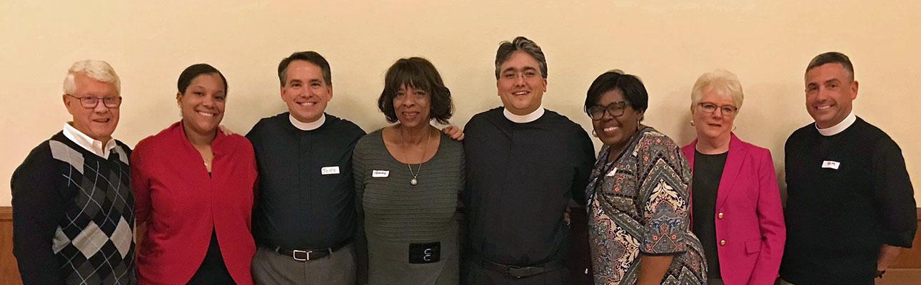 Eight members of the Bishop Search/Nominating Committee (l-r): Bernard Milano, Trinity, Allendale; Janelle Grant, St. Paul's, Paterson; the Rev. Jerry Racioppi, Holy Spirit, Verona (Co-Chair); Patrice Henderson, St. Andrew & Holy Communion, South Orange; the Rev. Tom Mathews, Christ Church, Ridgewood; Michele Simon, St. Paul's, Englewood (Co-Chair); Geraldine Livengood, Christ Church, Newton; the Rev. Thomas Murphy, St. Paul's, Jersey City.
