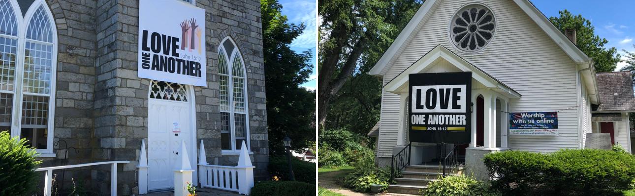 St. Luke and St. Mary's church buildings in Hope (left) and Belvidere (right).