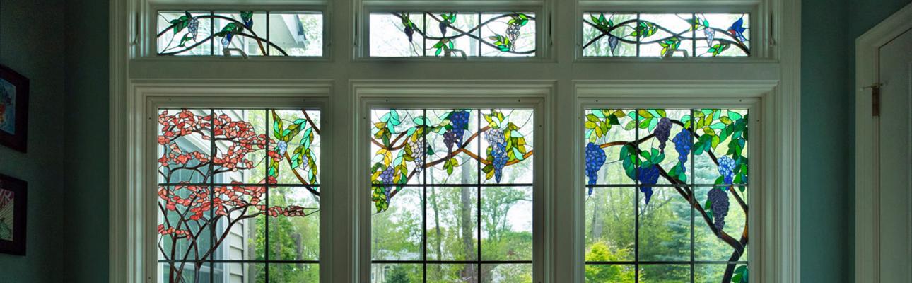 A set of stained glass windows by Colleen Hintz.