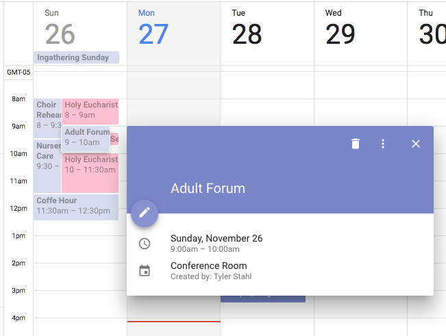 A church event in the new Google Calendar.