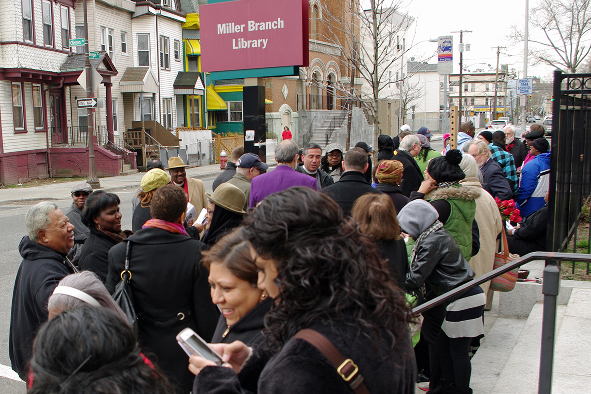 Worshipers gathered at 9:30 a.m. at the corner of Clinton St. and Bergen Ave.