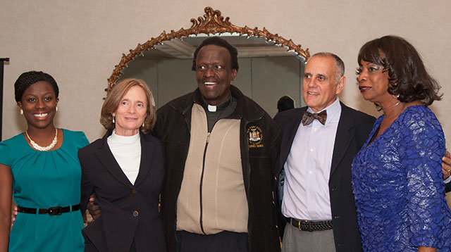 The Rev. Canon Petero A. N. Sabune (center), former Dean of Trinity & St. Phillip's Cathedral and the keynote speaker, is pictured with award recipients (l-r) Dunstanette Macauley (House of Prayer in Newark), the Rev. Pam Bakal (Grace Church in Nutley), Michael Francaviglia (St. George's Church in Maplewood) and Patrice Henderson (St. Andrew & Holy Communion in South Orange). JAMES PORTER PHOTO