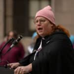 The Rev. Abigail King speaking at the rally in Trenton. Photo: Maria Keough, Courtesy WadeIn-NJ