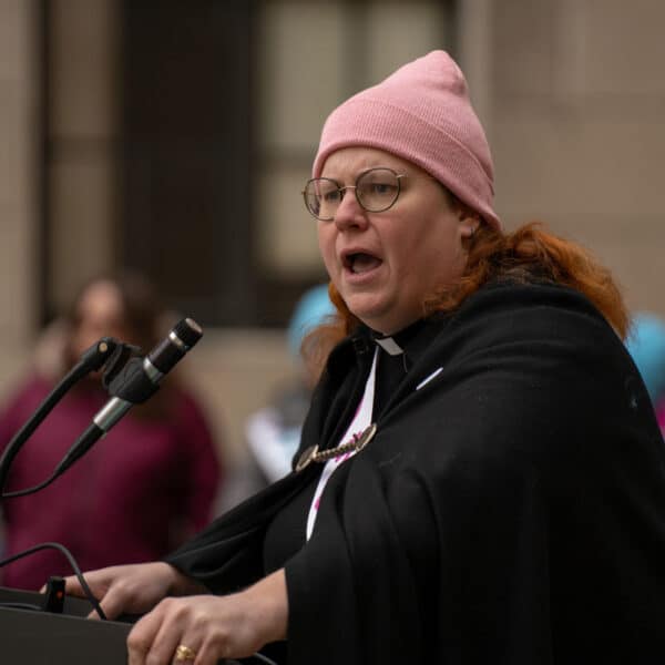 The Rev. Abigail King speaking at the rally in Trenton. Photo: Maria Keough, Courtesy WadeIn-NJ