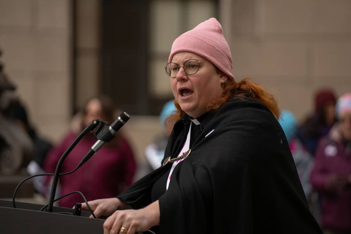 The Rev. Abigail King speaking at the rally in Trenton. Photo: Maria Keough, Courtesy WadeIn-NJ